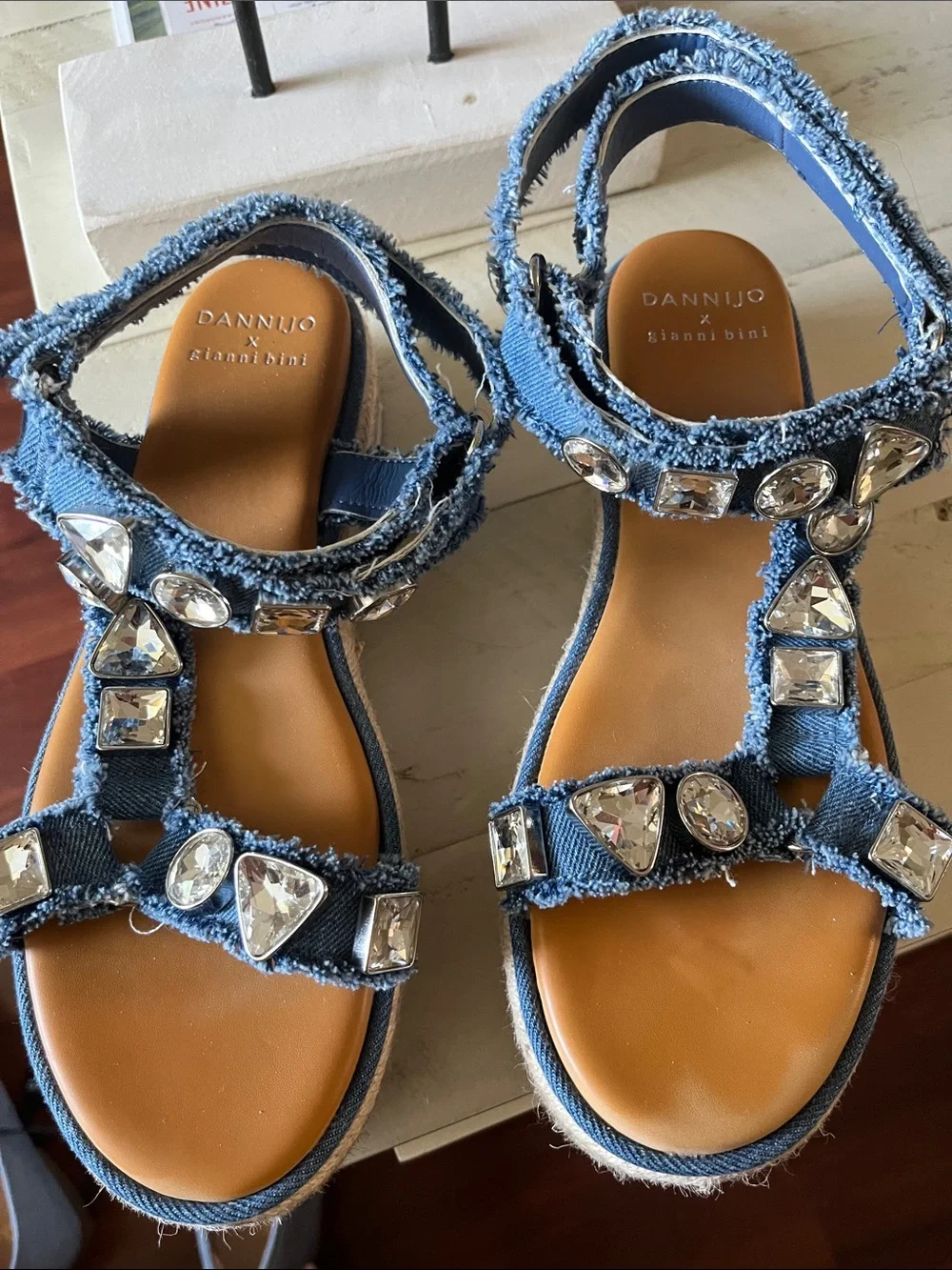 Gianni Bini Denim Blue Jeweled Espadrille Sandals
